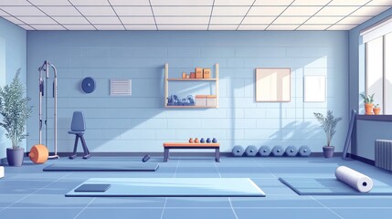 Gym interior, bright, modern, fitness equipment, workout space, possible use for fitness design inspiration