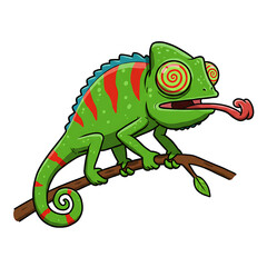 Obraz premium Psychedelic Chameleon Cartoon Illustration Vibrant Green Reptile on Branch