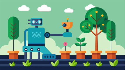 An automated seedling nursery uses robotics and artificial intelligence to optimize conditions for growth and produce healthier trees for reforestation efforts.. Vector illustration