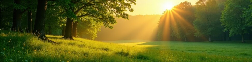 Sunbeams illuminate lush green landscape at summer solstice , trees, sky, solstice