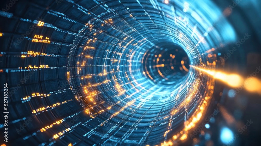 Poster futuristic tunnel with glowing digital data streams
