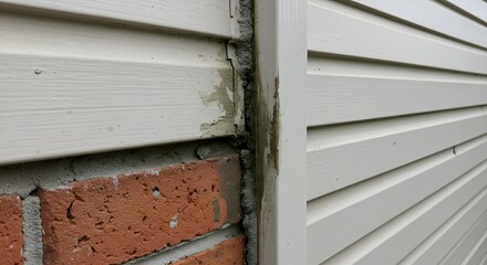 Fototapeta premium Inspecting damaged vinyl siding and brick wall exterior for home repair and maintenance needs on transparent background