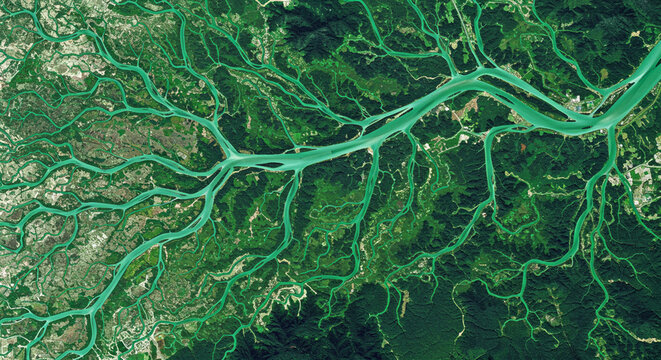 Aerial View of Lush Green Landscape with Meandering River System