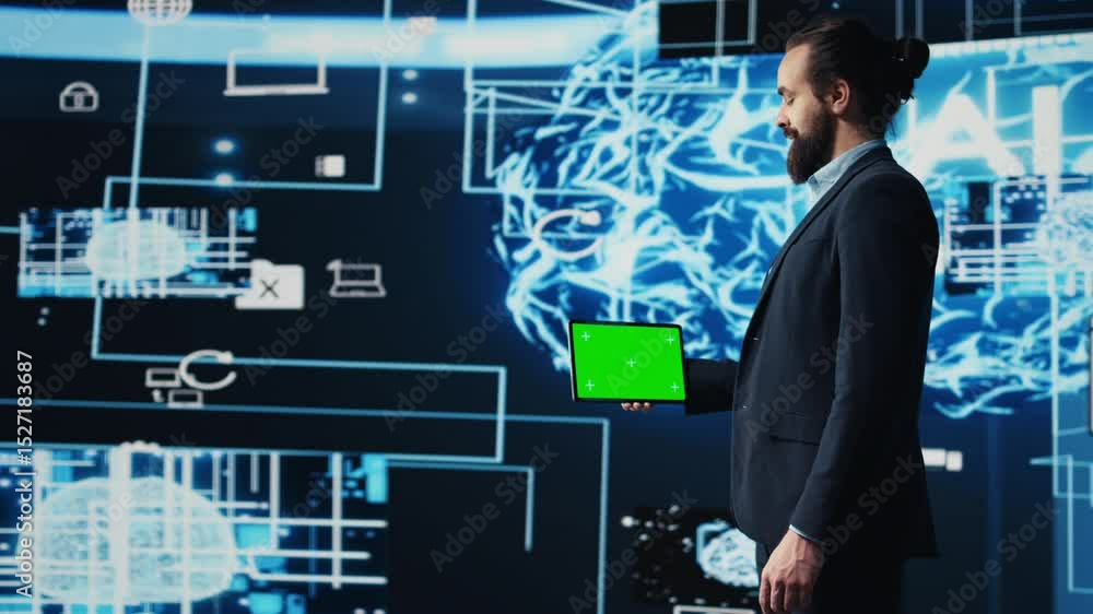 Poster surrounded by modern ai brain animation, entrepreneur explores virtual intelligence with green scree