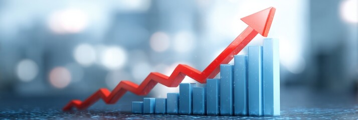 Growth Business Graph Shows Upward Trend in Financial Success With Red Arrow Indicating Market Profit on Blue Bars