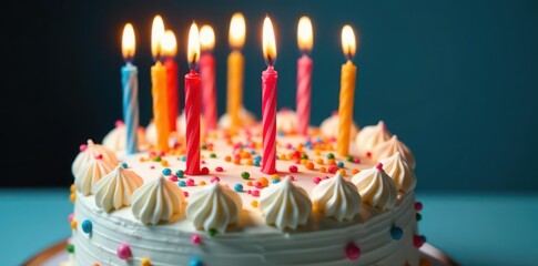 Richly frosted birthday cake, ten bright candles, vibrant sprinkles , image, happy