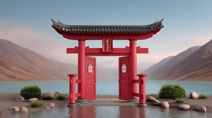 Obraz premium Serene Red Torii Gate Opens to a Tranquil Lake and Mountain Landscape