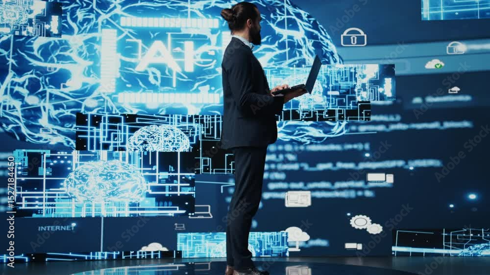 Poster male business person studies artificial intelligence strategy and automation tools. surrounded by da