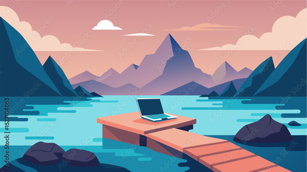 Poster nestled between two smooth rocks on a rustic dock a laptop provides a connection to the rest of the 