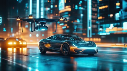Futuristic car pursuit captured by a drone in a vibrant neon city scene