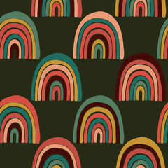 Trendy seamless pattern with colorful rainbow on color background. Design for invitation, poster, card, fabric, textile, fabric. Cute holiday illustration for baby. Scandinavian doodle style.