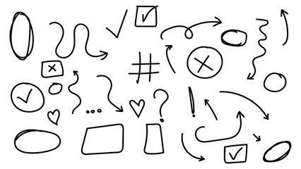 Hand drawn line chalk brush stroke arrow icon set. Chalk crayon underline, check mark, scribble and texture in Scribble marker art. Line, shape punk, frame, doodle grafiti. Vector illustration