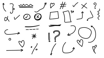 Hand drawn line chalk brush stroke arrow icon set. Chalk crayon underline, check mark, scribble and texture in Scribble marker art. Line, shape punk, frame, doodle grafiti. Vector illustration