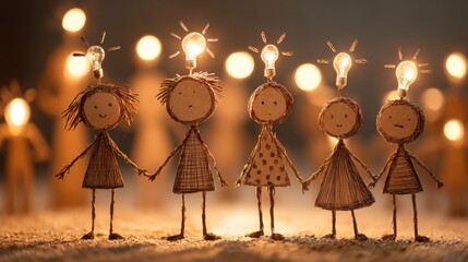 Stick figures gather, each with a lightbulb, highlighting inspired teamwork and joint efforts to generate innovative solutions.
