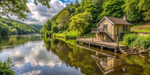 Obraz premium A serene riverside cottage with a wooden dock, surrounded by lush greenery and overlooking the River Tamar at Lower Anderton , riverside cottage, millbrook