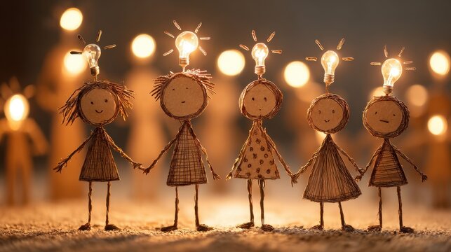 Stick figures gather, each with a lightbulb, highlighting inspired teamwork and joint efforts to generate innovative solutions.
