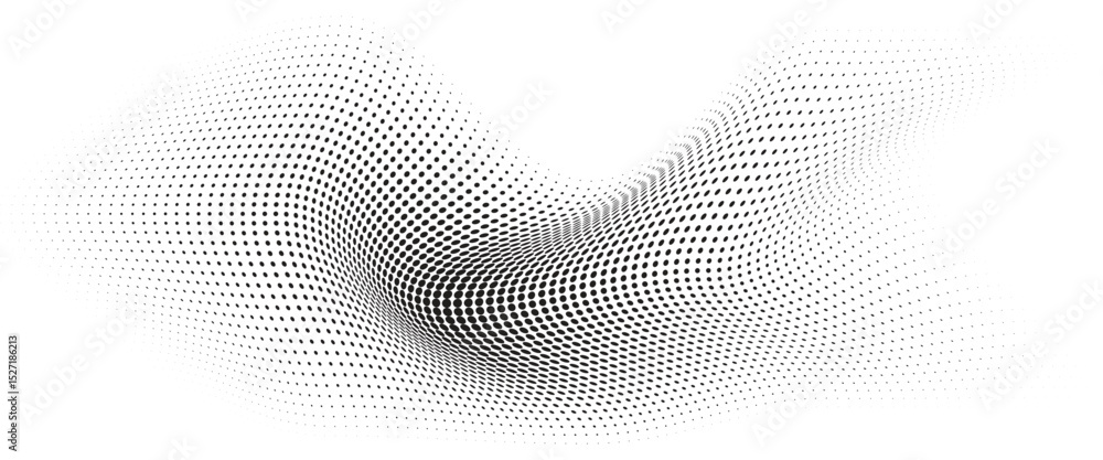 Fototapete Flowing Wave Dot Halftone Pattern: Curve Gradient Shape on Transparent Background. Suitable for AI, Tech, Network, Digital, Science, and Technology Themes.