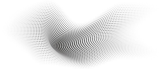 Flowing Wave Dot Halftone Pattern: Curve Gradient Shape on Transparent Background. Suitable for AI, Tech, Network, Digital, Science, and Technology Themes.