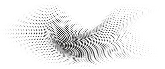 Flowing Wave Dot Halftone Pattern: Curve Gradient Shape on Transparent Background. Suitable for AI, Tech, Network, Digital, Science, and Technology Themes.