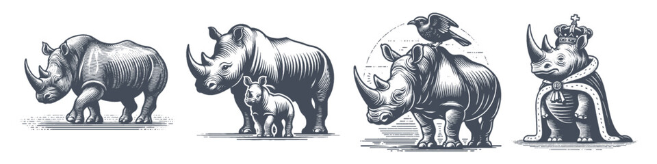 Fototapeta premium Vintage Hand-Drawn Rhinoceros Collection Illustration, Wildlife Animal Engraved Style Vector for T-Shirts and Safari Themes Design
