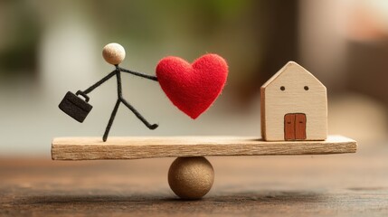 A stick figure balances on a seesaw, with a briefcase on one side and a heart on the other, symbolizing the delicate balance between work and life. 