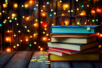 Stack of colorful books with eyeglasses on top against a wooden background with string lights