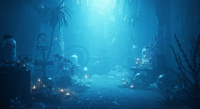Enchanted Blue Grotto: 3D Rendered Fantasy Scene