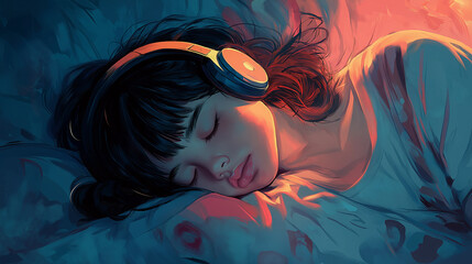 Girl Sleeping with Headphones – Listening to Music Illustration