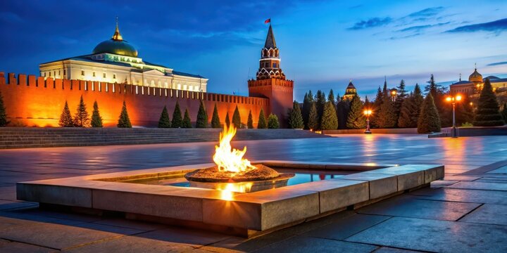 Eternal Flame burns on Red Square at night