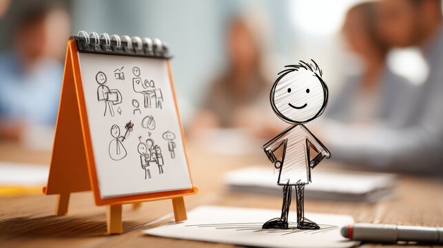 A stick figure presents at a flip chart while others take notes, illustrating active learning and knowledge sharing in a workplace training session.
