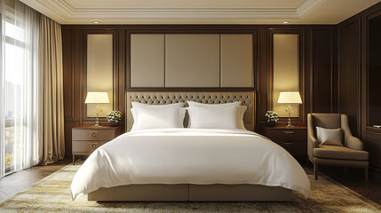 Luxurious hotel bedroom with elegant decor and soft lighting, creating serene atmosphere