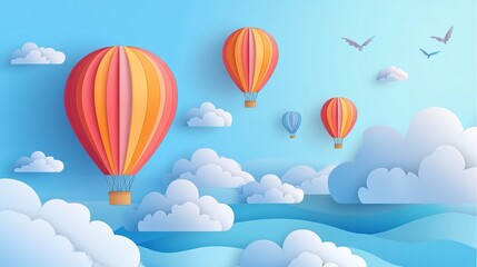 Paper art style colorful hot air balloons floating in sky with clouds and sun, flat vector illustration, bright cute cartoon design, simple lines, minimalism, shadowless, clear details, high resolutio