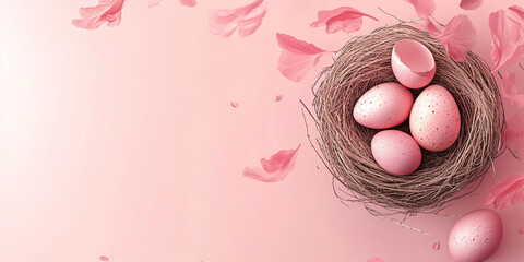 Easter banner with colorful nests and eggs on pink background - copy space for e-commerce design, spring holiday, festival, decoration, sale.
