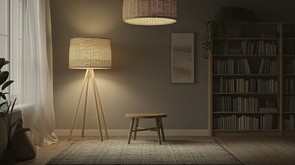 cozy Scandinavian living room featuring wooden table, stylish lamps, and bookshelves