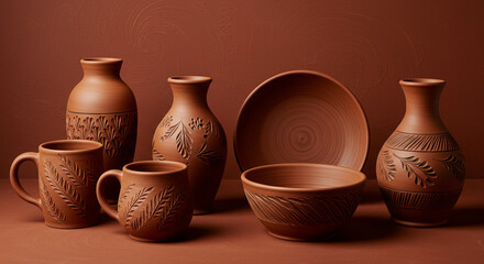 Handcrafted Terracotta Pottery Collection: Vases, Mugs, and Bowl
