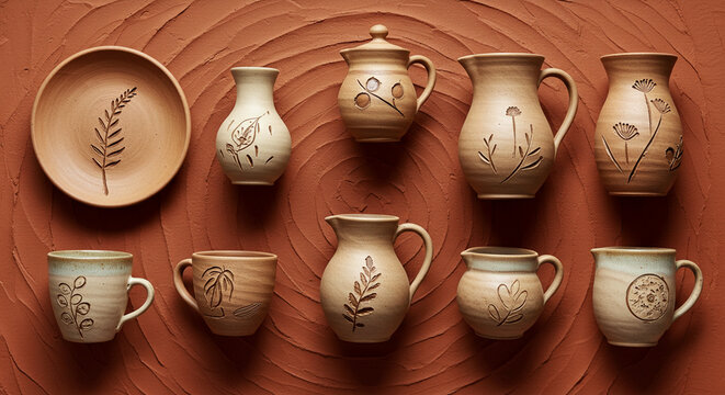Handcrafted Pottery Collection: Rustic Beige Ceramics with Botanical Designs