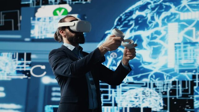 Business IT expert employing vr glasses and artificial intelligence brain, working on data visualization cybernetics within interface for machine learning. High tech gadget for innovation. Camera A.