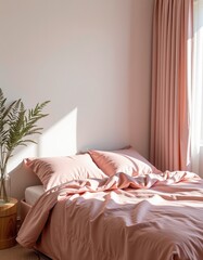 A cozy bedroom with soft pink bedding, matching curtains, and a green plant on a wooden bedside table by a sunlit window.