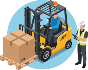 Industrial workplace accident risk with overloaded forklift and shocked worker in unsafe cargo handling situation isometric cartoon
