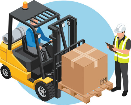 Industrial workplace accident risk with overloaded forklift and shocked worker in unsafe cargo handling situation isometric cartoon