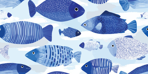 Obraz na płótnie Canvas Abstract Ocean Fish Seamless Pattern. Playful Aquatic Marine Animal Graphic Design for trendy design, textile, packaging, fabric, wallpaper, branding, stationery, wrapping paper interior decor.
