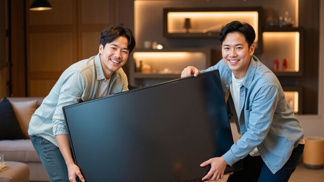 Two happy Asian friends or a gay couple carry a large television together, setting up their new modern home with a smile