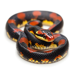 Fototapeta premium Snake slithering smoothly with vibrant red, black, and yellow bands, isolated on white background.