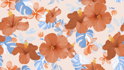 Floral seamless pattern features large red hibiscus flowers and smaller orange blossoms, interspersed with light blue monstera leaves on a light orange background