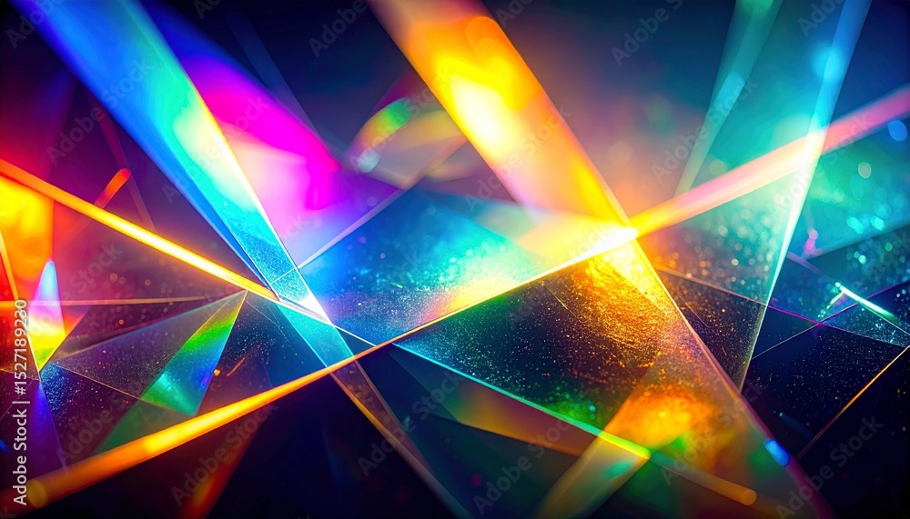 Poster abstract vibrant light bursts through geometric prisms, creating a mesmerizing rainbow spectrum and 