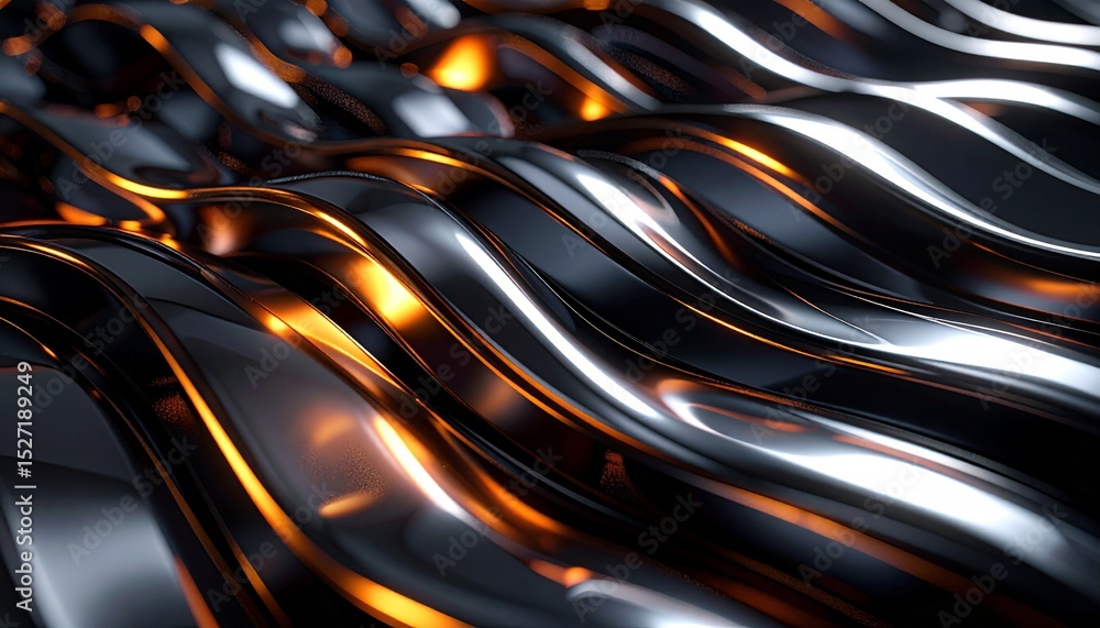 Poster the sleek, reflective silver and black metallic waves subtly glow with warm golden highlights, creat