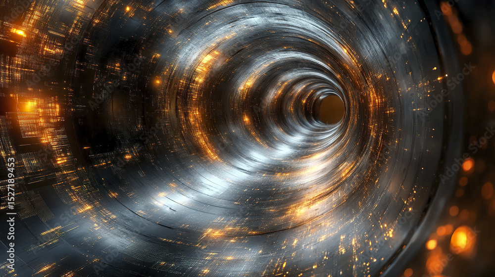 Poster mesmerizing abstract technology background featuring swirling tunnel of light and metallic