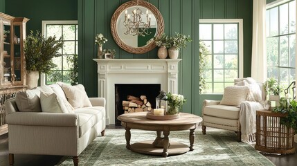 Modern farmhouse living room with green wall, white fireplace, large mirror, grey armchair, light grey sofa and wooden chandelier