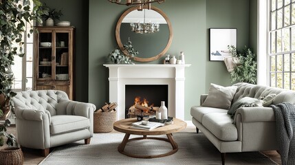 Modern farmhouse living room with green wall, white fireplace, large mirror, grey armchair, light grey sofa and wooden chandelier