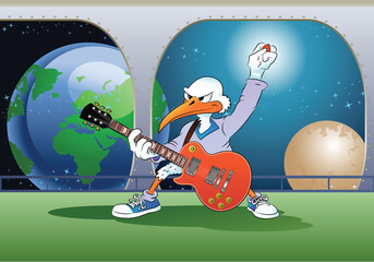 illustration design ofSebastian the Ibis playing a guitar on isolated white background.eps